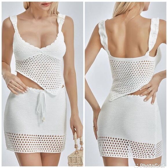 Crochet Knitted 2Pcs Hollow Out Backless Tube Top+Elastic Waist Mini Skirt Set - Picture 2 of 16